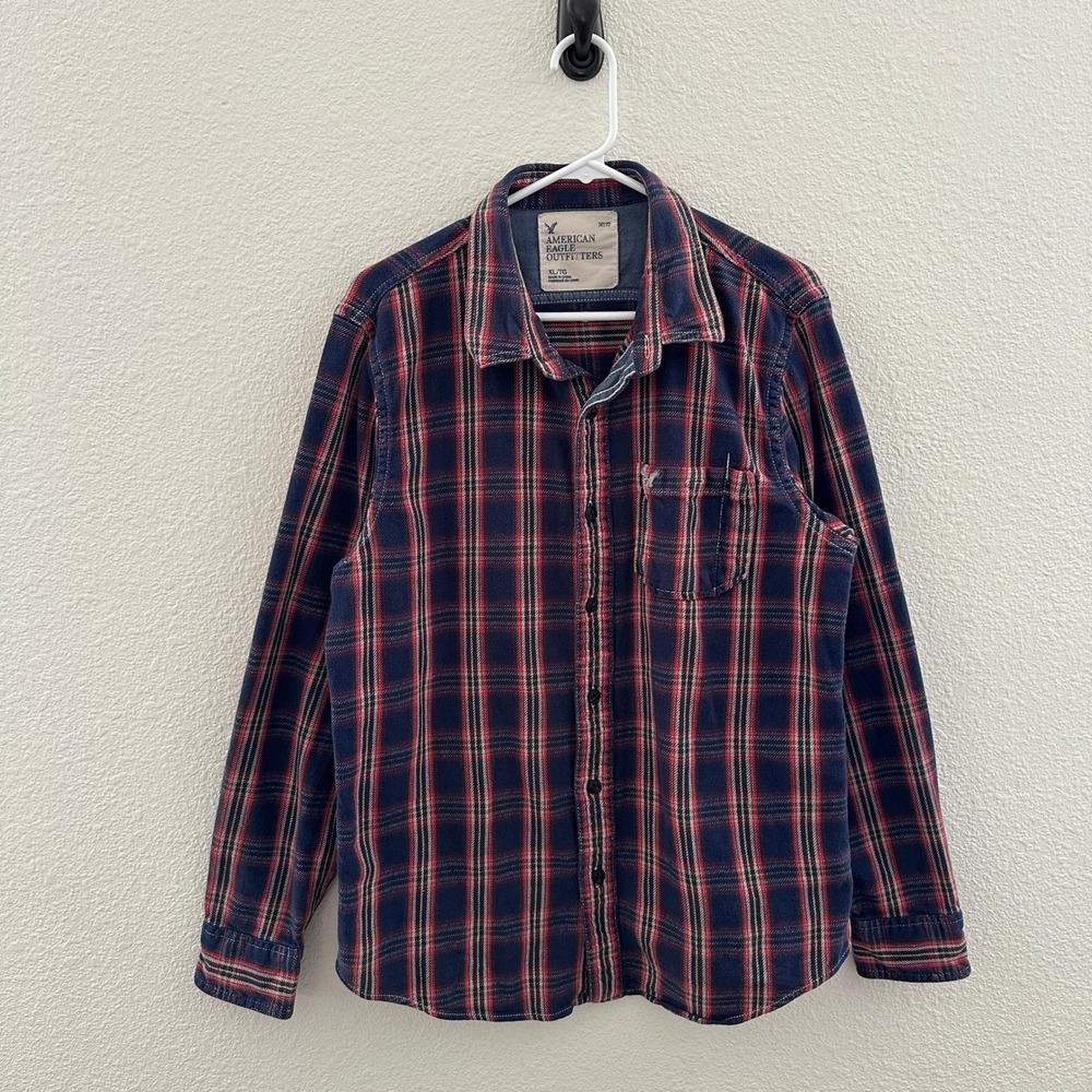 American Eagle Y2K Navy Red White‎ Plaid Cotton Button Down Flannel Shirt XL